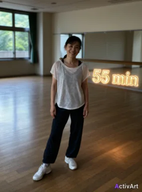 Workout photo from a dance fitness session, restyled by ActivArt with activity stats lettered in the metallic gold style