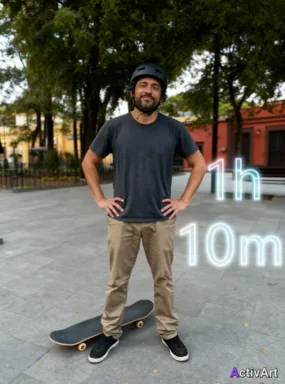 Workout photo from a skateboarding session, restyled by ActivArt with activity stats lettered in the minimal thin style