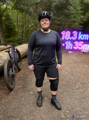 Workout photo from a mountain biking session, restyled by ActivArt with activity stats lettered in the neon glow style
