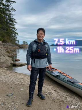 Workout photo from a recreational kayaking session, restyled by ActivArt with activity stats lettered in the pixel 8-bit style