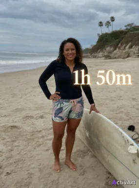 Workout photo from a surfing session, restyled by ActivArt with activity stats lettered in the retro film style