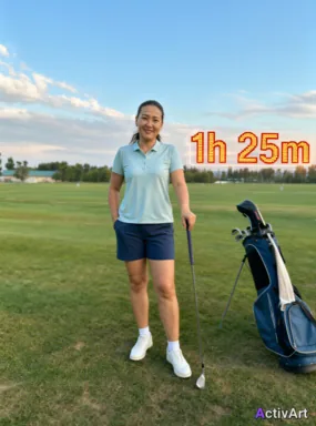 Workout photo from a golf practice session, restyled by ActivArt with activity stats lettered in the scoreboard led style