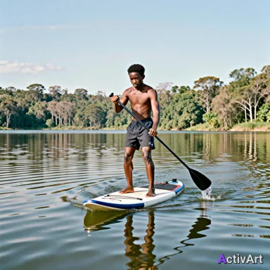 AI-generated stand-up paddleboarding scene, created by ActivArt from the activity data alone with no photo taken
