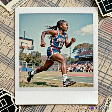 AI-generated basketball scene in the Polaroid style, created by ActivArt from activity data alone with no photo