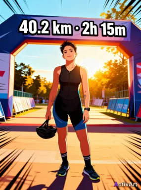 Workout photo from a triathlon training session, restyled by ActivArt combining anime + golden hour + finish arch