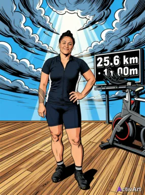 Workout photo from a indoor cycling session, restyled by ActivArt combining comic book + dramatic clouds + billboard