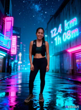 Workout photo from a trail running session, restyled by ActivArt combining cyberpunk + night + light projection