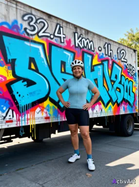 Workout photo from a road cycling session, restyled by ActivArt combining graffiti + morning + truck side
