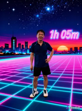 Workout photo from a badminton session, restyled by ActivArt combining synthwave + night + floating magic