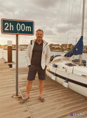 Workout photo from a sailing session, restyled by ActivArt combining vintage film + golden hour + road sign
