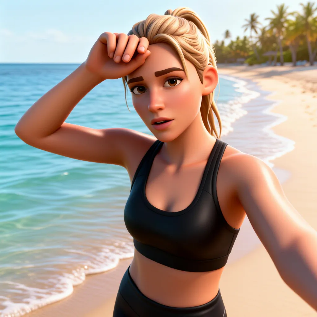3D render style example: a runner's beach selfie rendered as 3D render art