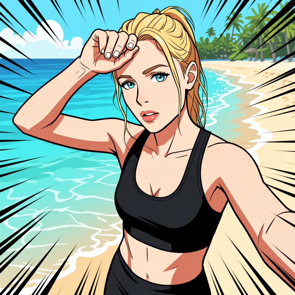 Anime style example: a runner's beach selfie rendered as Anime art