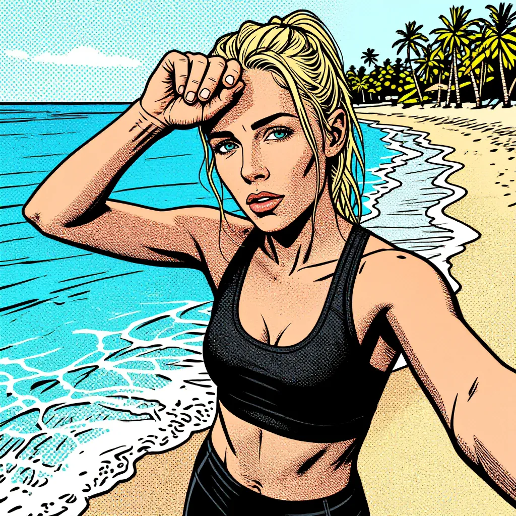 Comic style example: a runner's beach selfie rendered as Comic art