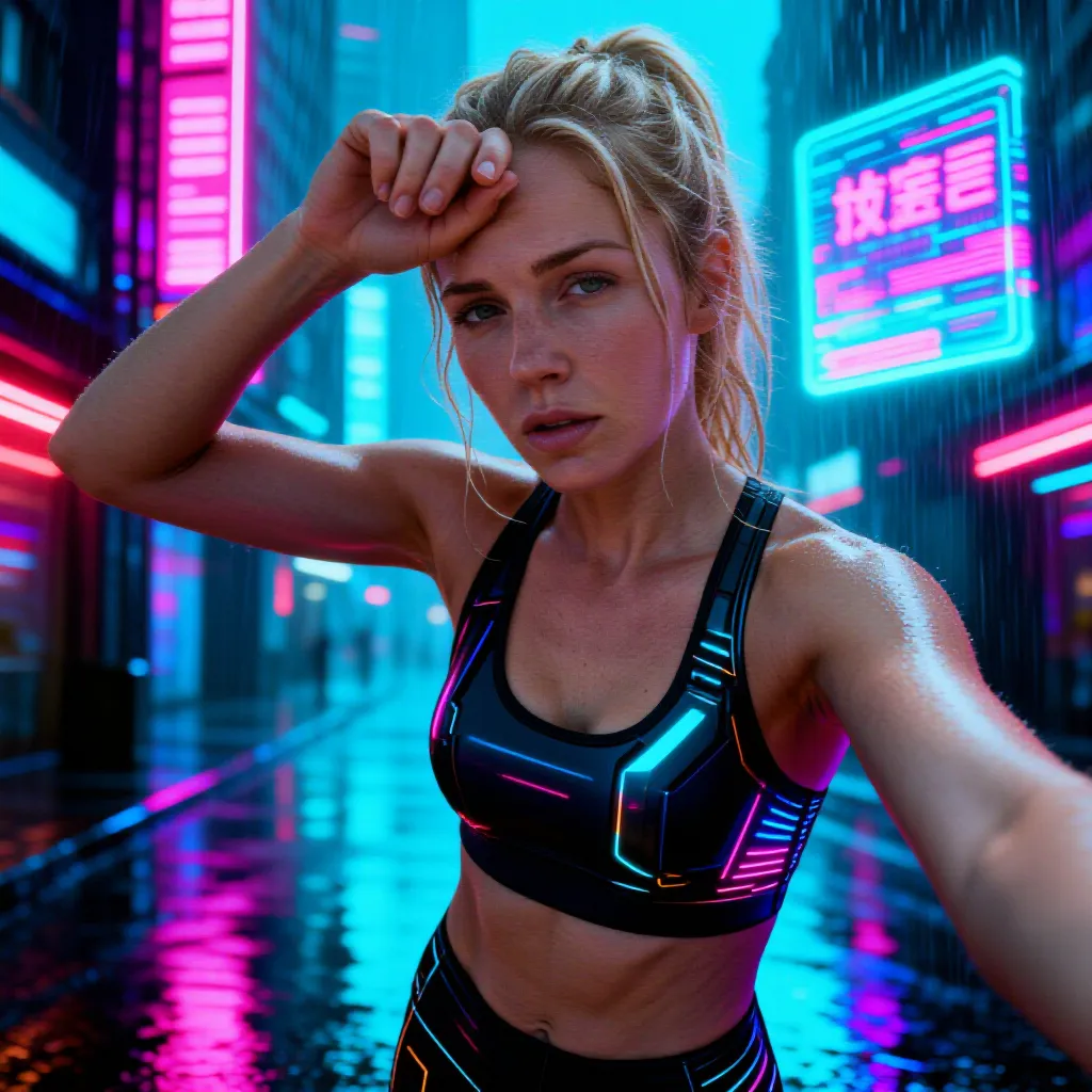 Cyberpunk style example: a runner's beach selfie rendered as Cyberpunk art