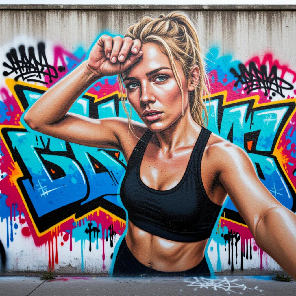 Graffiti style example: a runner's beach selfie rendered as Graffiti art