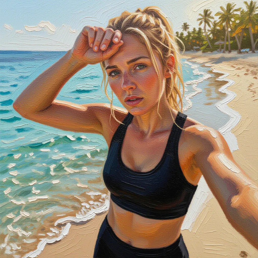 Oil painting style example: a runner's beach selfie rendered as Oil painting art