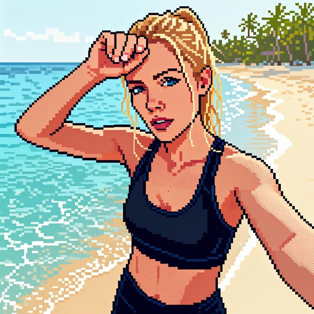 Pixel art style example: a runner's beach selfie rendered as Pixel art art