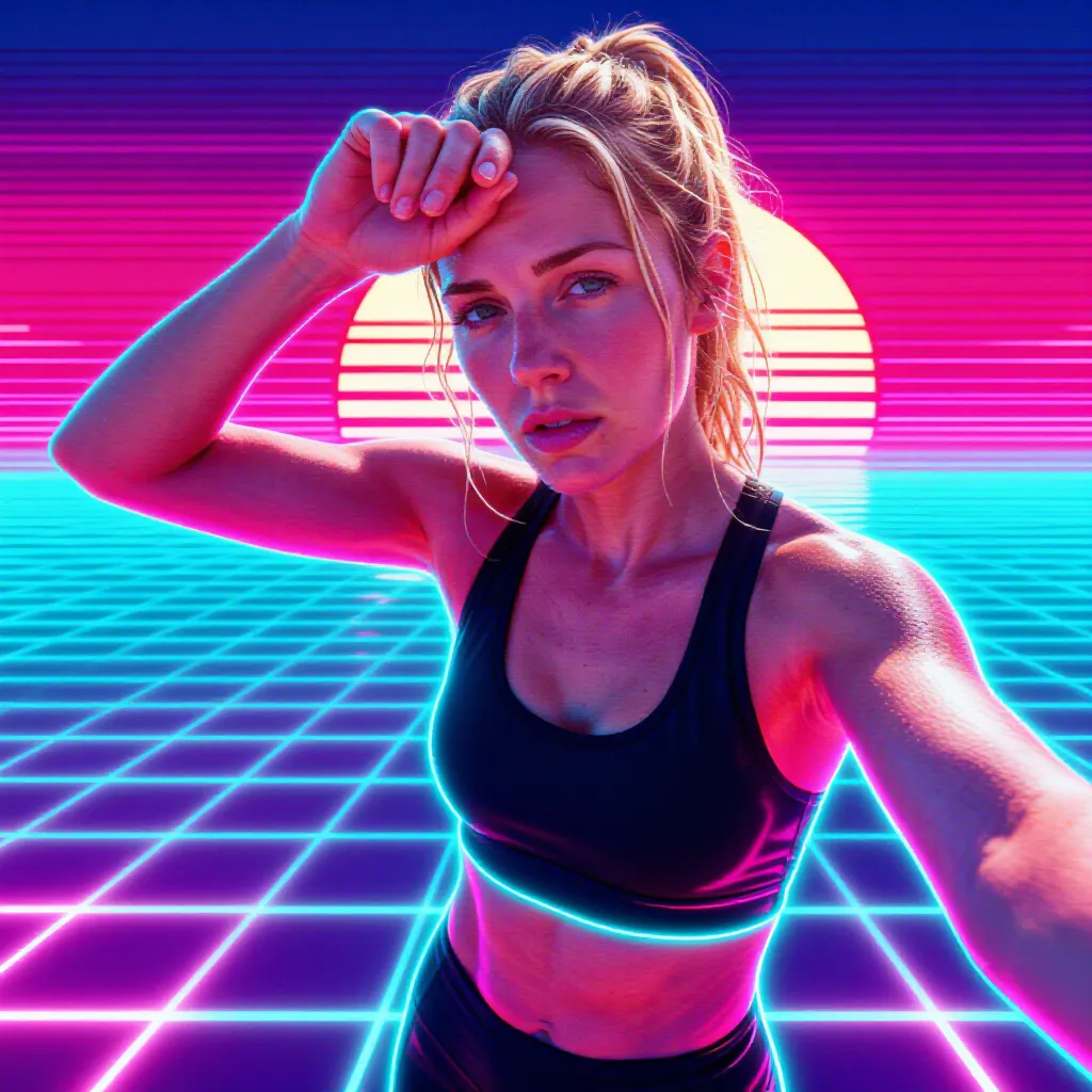Synthwave style example: a runner's beach selfie rendered as Synthwave art