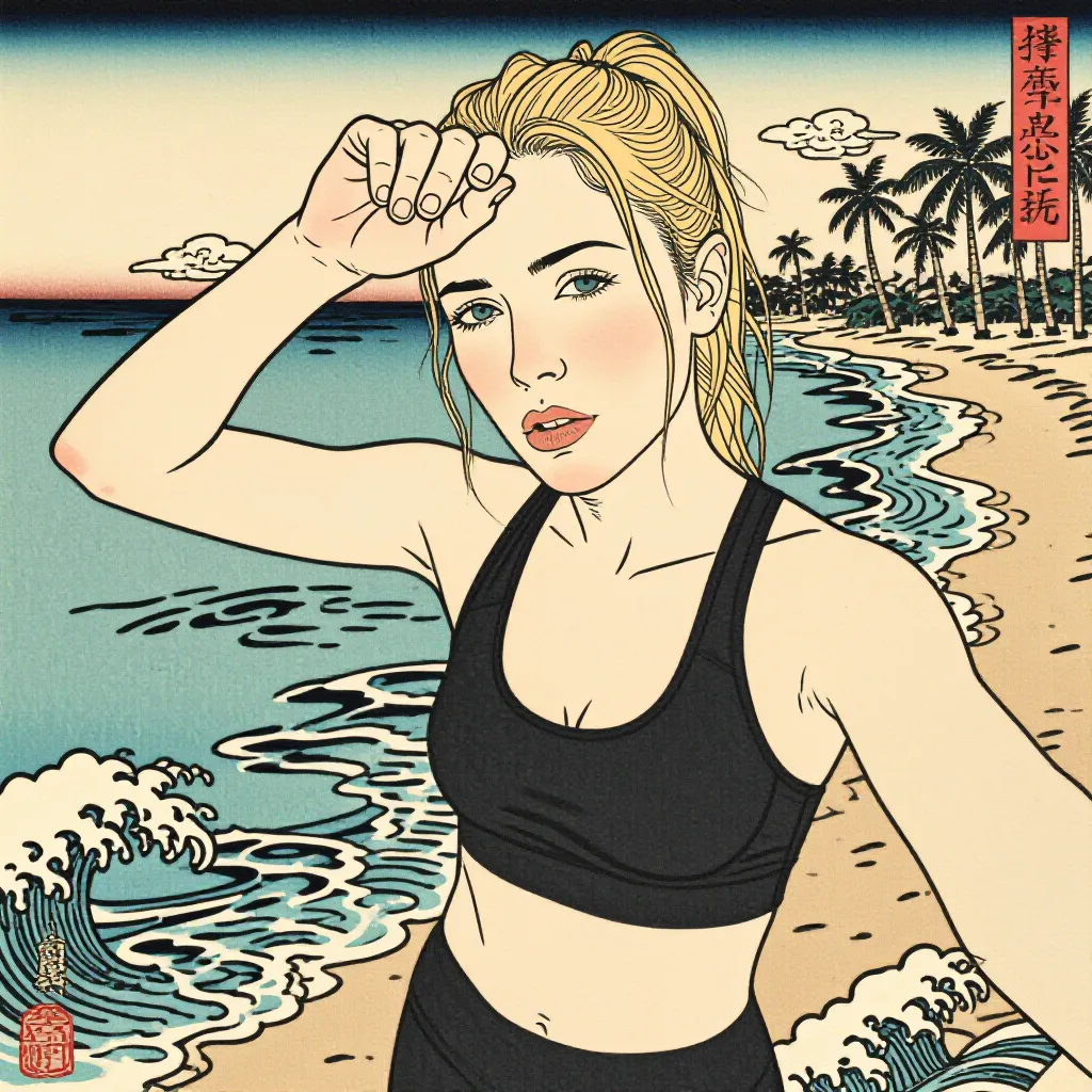 Ukiyo-e style example: a runner's beach selfie rendered as Ukiyo-e art