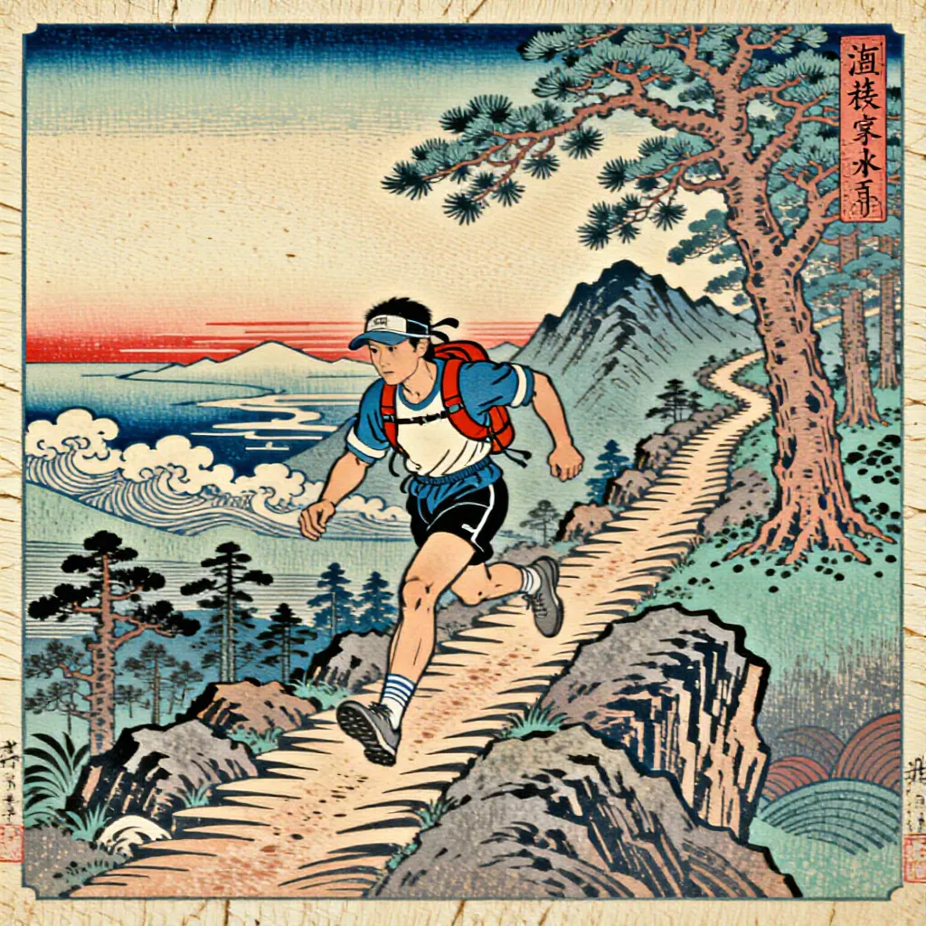 Generated activity image: A trail run as a woodblock print, generated from scratch